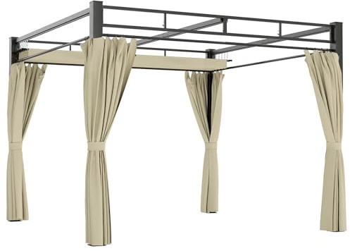Outsunny Pérgola de Jardín 3x3 m con Techo Retráctil y 4 Cortinas, Cenador de Jardín con Protección UV30+, Impermeable, Estructura Metálica, Pabellón para Patio, Terraza, Exterior, Beige