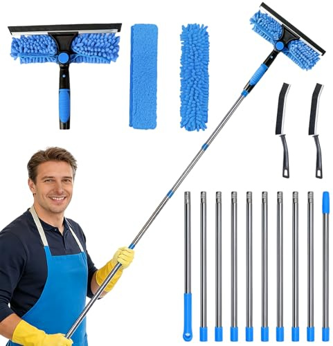 JDHUIOO 4.5M Window Cleaning Equipment Kits, 2 in 1 Extendable Window Cleaner 180° Rotatable Telescopic Window Cleaner Set with Squeegee Brush and Scrubber Tool, Adjustable Pole for Indoor/Outdoor