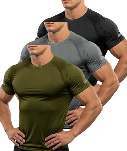 ZITY Pack de 3 Camisetas Manga Corta Hombre Camiseta Deporte Hombre Camiseta Transpirable Secado Rápido de Verano Ropa Running Gym Fitness Verde Militar+Gris+Negro L