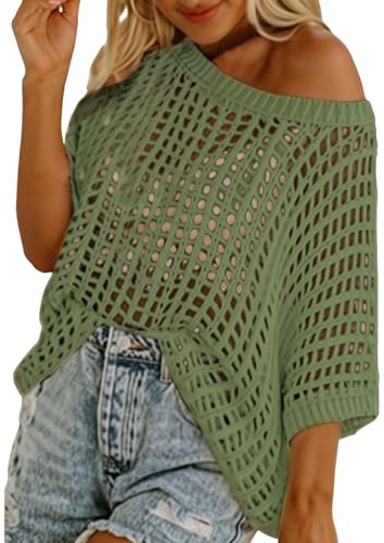 Generisch Maglione estivo da donna con scollo a U, a maniche corte, casual, maglia all'uncinetto, maglione da spiaggia, verde, S