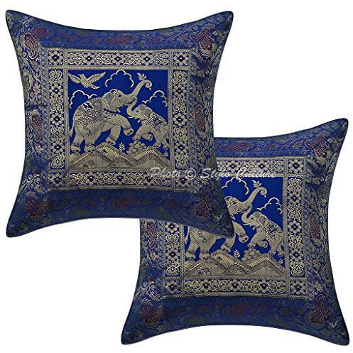 Stylo Culture Ethnico Fundas De Cojines Decorativos 40x40 cm Brocado De Seda Elefante Fundas Almohadones Sofa Azul 16x16 Inch Jacquard Cuadrado Cremallera Funda Cojin Cama - 2 Pcs