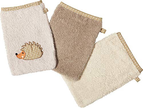 Erwin Müller Walk-Frottier Kinder-Waschhandschuh mit Igel-Motiv, 3er-Pack Natur Größe 15x21 cm - kuschelig weich, besonders schnell trocknend und saugstark
