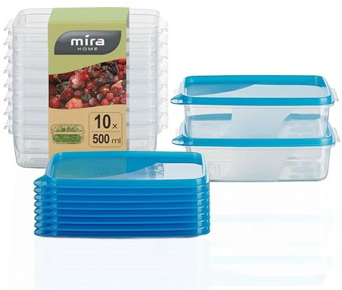 MiraHome Gefrierdosen 10x0,5L rechteckig blau – Vorratsdosen mit Deckel luftdicht – Transparente Frischhaltedosen mit Deckel – Aufbewahrungsbox Küche für Mealprep & Organisation – Austrian Quality