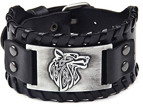 Juland Herren Retro Breites Metall Schwarz Herren Lederarmband Punk Style Lederarmband Wolf Head Armbänder Breiter Gürtel Manschette Armreif Rock Wrap für Männer Junge Einstellbar - Schwarz