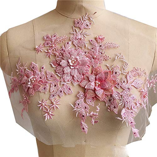 3D Spitze Applikation Perlen Blume Spitzenpatches Blumen Tüll Aufbügler zum Hochzeitskleid Kunsthandwerk (Rosa, Ein Stück)