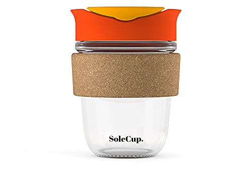 SoleCup. - Reusable Strengthened Glass Travel Cup - Spill Proof Coffee Mug - 12oz/340ml BPA-Free Hot Drink Travel Mug with Lid & Cork Band (Red, 340ml / 12oz)