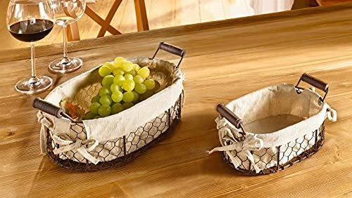 Dekoleidenschaft 2 Drahtkörbchen in Rost-Optik mit Stoffeinlage in beige, Brotkorb, Obstkorb, Aufbewahrungskörbchen