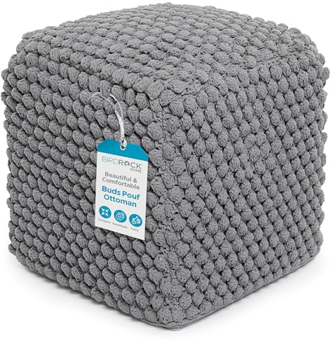 BIRDROCK HOME Buds Puf taburete otomano – Puf de punto silla de piso – Cuerda trenzada de algodón – Ideal para la sala de estar, dormitorio y habitación de los niños – Muebles pequeños (gris – Buds)
