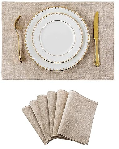 Home Brilliant Linen Placemats Set of 6, Beige Place Mats for Party Wedding Housewarming Gift, Fabric Table Mats, 33 x 48 cm(13x19 Inch), Light Linen