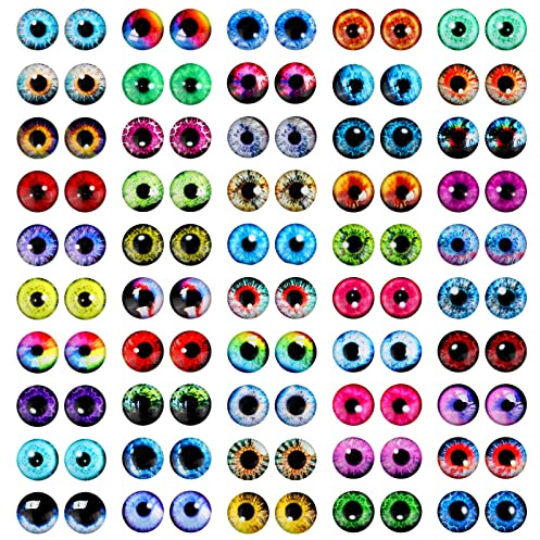 MWOOT 100 Piezas 12MM Juguete Ojos de Vidrio Kit, 50 Estilo Dragon Eyes Ojos Manualidades, Colores Cristal Gato Búho Pájaro Humano Ojos para DIY Muñeca Joyas Scrapbooking Halloween Decor