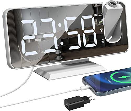 Sveglia con Proiettore, Schermo a LED a Specchio da 7.5, 4 Luminosità, Doppio Allarme con Porta USB, Sveglia Digitale con Proiettore ultra trasparente (Bianco con Adattatore)