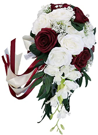 Surakey Wedding Bouquets for Bride Bridesmaid Bouquet Champagne White Rose Artificial Silk Roses Fake Dahlia Flower for Wedding Party Church Home Decoration, Valentine's Day Gifts (Burgundy)