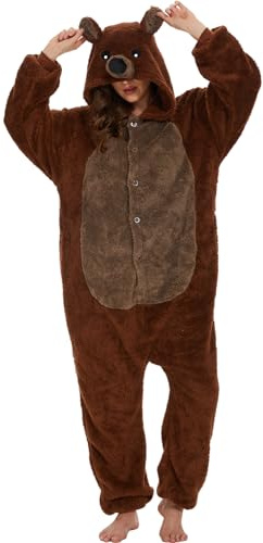chuangminghangqi Pyjama Barboteuse Combinaison Animal Adulte Unisexe Costume Onesie Sleepwear Jumpsuit Vêtement Nuit Capuche Grenouillère Loungewear Chaud Douce Party Fête Soirée (Ours Brun,L)