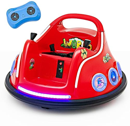 COSTWAY 12V Kinder Autoscooter 360 Grad Rotation, Elektro Bumper Car mit Musik und Lichtern, inkl. 2,4 Ghz Fernbedienung, ideal für Kinder ab 3 Jahre (Rot)