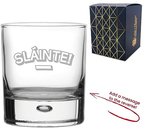 Personalised Engraved Novelty Whisky Glass Tumbler with Slainte Design, Add a Personalised Message to the Reverse Gift Box Included, Laser Engraved, Gift for Dad Grandad Uncle Friend Colleague