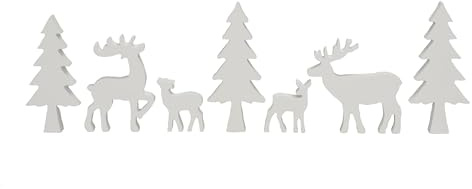 Spetebo Holz Tannenwald zum dekorieren 7-teilig - weiß - Weihnachts Deko Tierfiguren Set - Tischdeko Winter Wald Tanne Tier Hirsch Rentier Figur Weihnachtsdeko