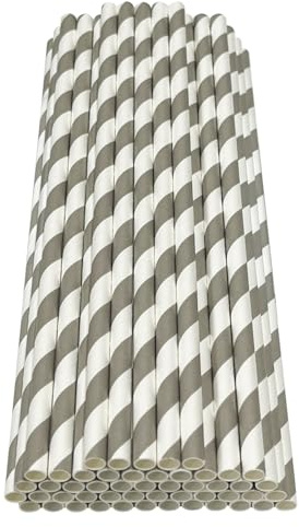 Haobase 50Pcs Paper Drinking Straws, Biodegradable Paper Straws for Drinking Cocktail, Coffee, Cold Drinks (Stripes Pattern) (White/Grey Stripes)