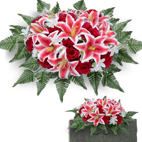 XONOR Artificial Headstone Flower Saddles for Graves, Cemetery Memorial Flowers for Outdoor Gravesite Tombstone Decorations, Lily Rose Flowers Saddle (Red Lily)