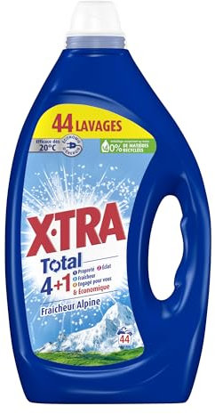 X, Tra Total - Lessive Liquide - 4 plus 1 - Propreté - Eclat - Fraîcheur - Engagé pour vous - Economique - Une seule lessive pour tout votre linge - Fraîcheur Alpine - Efficace des 20°C - 44 Lavages