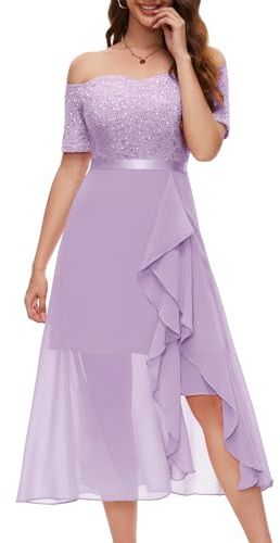 Berylove Abito da sera lungo da donna, glitterato, da cocktail, elegante, per matrimonio, spalle scoperte, abito da ballo, Lavanda, L