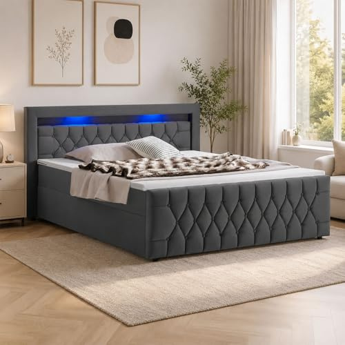 Juskys Boxspringbett Leona 140x200 cm - Bett mit LED Beleuchtung, Topper & H4 Federkern Matratzen - Einzelbett Grau mit Samt und Steppung