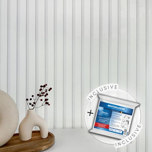 WALLCOVER Tapete inkl. Kleister Weiß Vliestapete Streifen Grau - Silber Paneele Skandinavischer Stil Wandpaneele Modern Lamelle Made in Germany