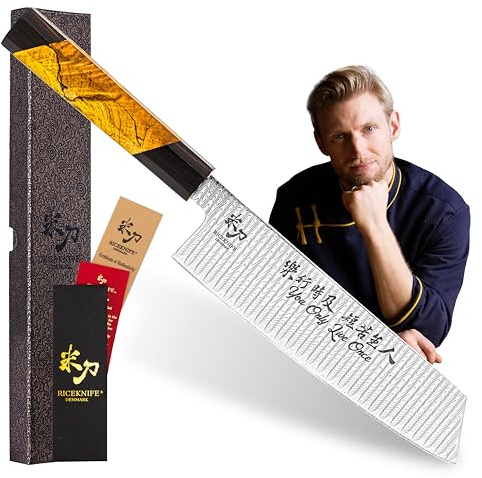 Riceknife YOLO II - Édition Limitée Couteau de Cuisine Kiritsuke en Acier Damassé Couteau de Chef à 67 Couches d'Acier Damassé Tactile | Conçu par un Chef Danois, Pièce de Collection Premium