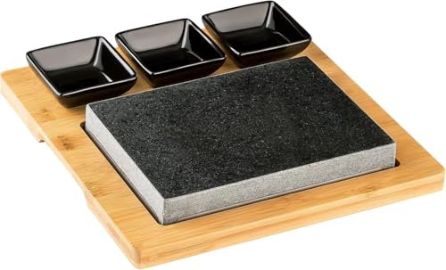 Muvell Hot Stone - Steak Stein - Heiße Steinplatte aus Granitstein mit Bambus Holzbrett & 3 Beilageschälchen Dipschalen Saucen-Schälchen (Schwarz)