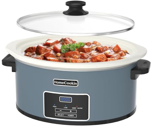 HOMECOOKIN 8-Quart Programmable Slow Cooker with Timer Keep Warm - Small Kitchen Appliance for Family Dinners - Serves 6+ People (Blue)