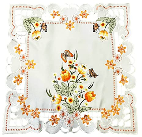Orange Tulpen und Schmetterlinge Tischläufer Tischdecke Mitteldecke Deckchen gestickt (ca. 60x60 cm)