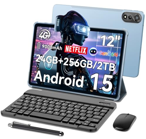 Blackview Mega2 Android 15 Tablet 12 Zoll mit Tastatur, 24GB RAM+256GB ROM, 2K FHD Großes Display Gaming Tablet, Dual 4G LTE+5G WiFi,Octa Core T615, 9000 mAh Akuu, WideVine L1,Dual Kamera,Face ID,GPS