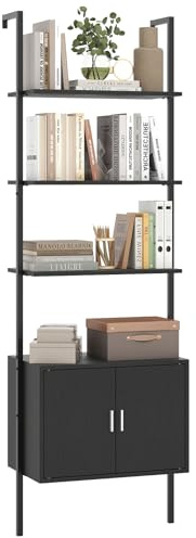 COSTWAY Bibliothèque Échelle Haute 184 cm, Bibliothèque Murale à 5 Niveaux avec Cabinet, Kits Anti-Renversement et Cadre en Métal, Étagère de Rangement pour Salon, Chambre, Bureau, Noir