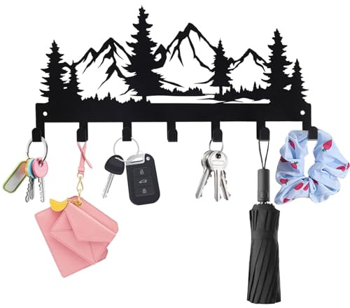 Porte Manteau Mural avec 7 Crochets, Métal Robuste Patère Porte Manteau, Design Montagne et Pin, Organiseur Décoratif pour Entrée, Couloir, Cuisine et Bureau, 30 x 13 cm (Noir) (A)