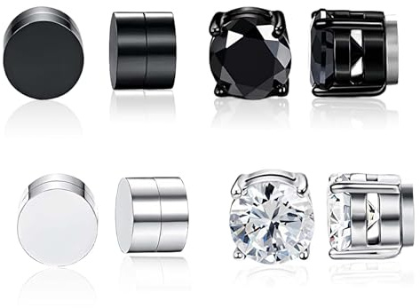 4-Pair Magnetic Earrings for Men, Clip-On Non-Piercing Studs with Cubic Zirconia, Hypoallergenic Stainless Steel Earrings for Daily or Party Wear