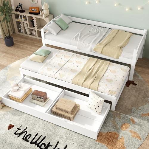 Doyisy Cama individual y doble, cama deslizante con ruedas inferiores, con 2 cajones de MDF, marco de madera maciza, blanco (200 x 90 cm/190 x 90 cm)
