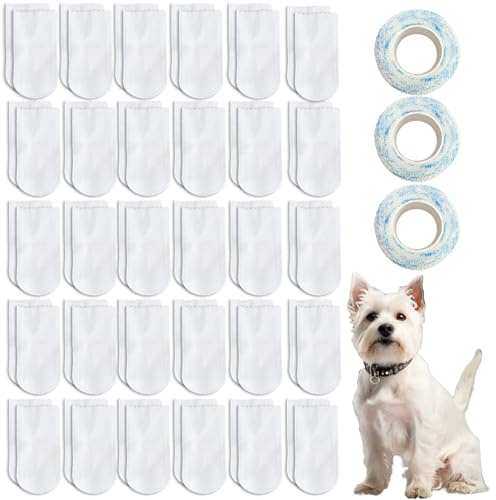 HTTDSLF 60 Pièces Chaussettes Jetables pour Chiens, Chaussures pour Chiens Antidérapant, Bottes Imperméables, Étanche, Protection Respirante, Auto-Adhésif, Protection des Pattes