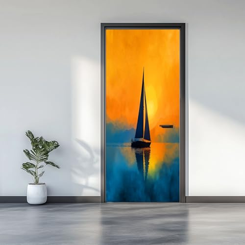 90 x 200 cm Türtapete Selbstklebend, Maritimes Thema Segelboot Sonnenuntergang Türaufkleber Türbilder Türklebefolie Abnehmbar Wohnzimmer Küche Schlafzimmer Wandaufkleber Türfolie, Orange