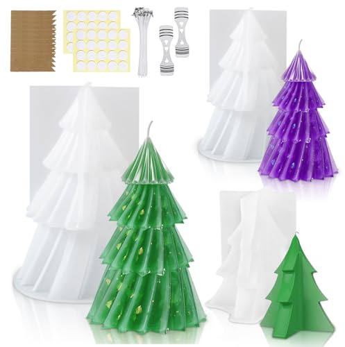 Silikonformen Gießformen Tannenbaum: 3 Stück 3D mit Docht-Set | Silikon - Spülmaschinenfest - Wiederverwendbar - 40 Dochte & Zubehör - Für DIY-Kerzen Weihnachtsbasteln