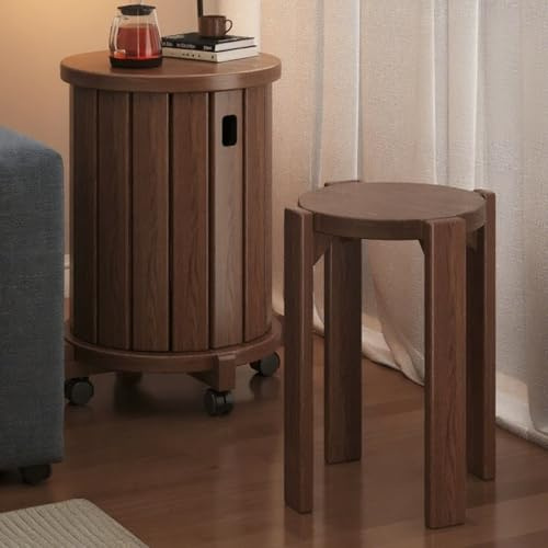 Stapelhocker, 4er-Set, robuste Stapelstühle aus Massivholz, platzsparend, ideal für Küche, Schlafzimmer, Wohnzimmer, rustikales Walnussholz-Finish mit Rollen
