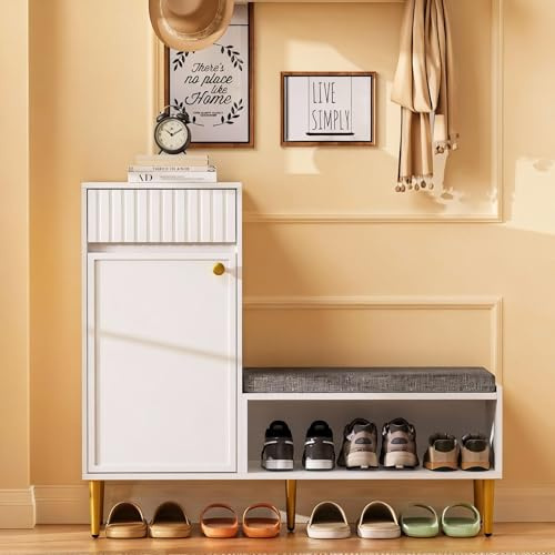 Ojiuboo Moderner Schuhschrank mit Sitzbank, Einer Tür, Einer Schublade, offenen Regalen, gepolstertem Design, Garderobenschrank, weiß, 100 × 35 × 82,2 cm