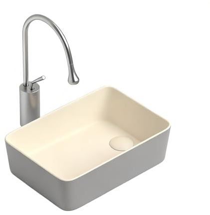 Lavabo da Appoggio in Ceramica Stile Crema, Lavandino Moderno da Bagno con Rubinetto e Scarico, Piccolo Lavatoio da Piano per Mobile o Balcone(45x28cm)