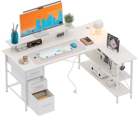 Xyphren Corner Computer Desk with Drawers, 120x80cm Reversible L Shaped Desk with Power Outlet, Home Office Desk with Monitor Stand and PC Stand, Gaming Desks Workstations,White