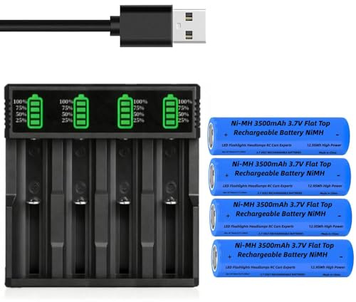 18650 Akku Ladegerät mit 4 Pcs 3,7V 3200mAh Akku Flat Top NIMH, 4-Soll LCD Smart Schnell Aufladen USB Batterieladegerät für 10440 14500 16340 18650 26650 Li-ion IMR INR ICR Akkus