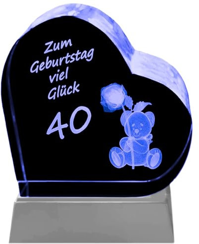 Kaltner Präsente Stimmungslicht Geburtstagdeko: LED Kerze / 3D Kristall Glasblock, Jubiläum 40, Deko Geburtstag, Geburtstagstisch, Tischdeko, Geburtstagsparty