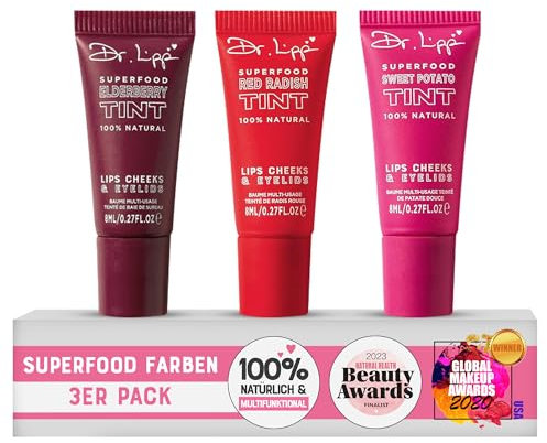 DR.LIPP, Superfood Tints. 4-In-ONE. Lip Gloss, Lip Tint, Cheek Blush, Tinted Eye Gloss. 100% natural. 3 x 8ml Tubes.