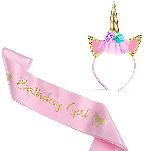Deolven Einhorn Stirnband und Geburtstag Mädchen Schärpe für Kinder,Geburtstagsfeier Zubehör Einhorn Geschenke für Kinder Einhorn Horn Einhorn Glitter Haarband Gold und Rosa