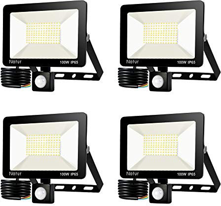 4packs 100W LED Projecteur Détecteur de Mouvements, Blanc chaud(3000K) Imperméable IP66, Projecteur LED exterieur de sécurité idéal pour éclairage public, garage, couloir, jardin