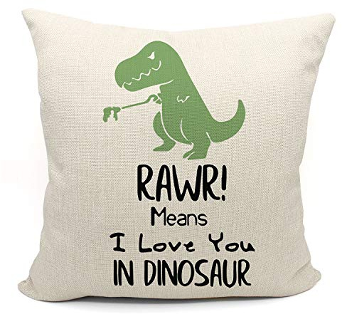Mancheng-zi RAWR Means I Love You in Dinosaur Pillow case for Son, Daughter, Children, Dinosaur Room Decor, Funny Tyrannosaurus Cotton Linen Cushion Cover Decoration for Sofa Couch Bed 18 x 18 Inch