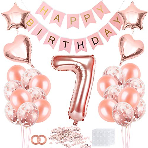 7 Jahr Geburtstag Mädchen, 7 Geburtstag Mädchen Rosegold, Luftballon 7 Geburtstagsdeko Happy Birthday Banner, Konfetti 7 Geburtstagsdeko Rosegold