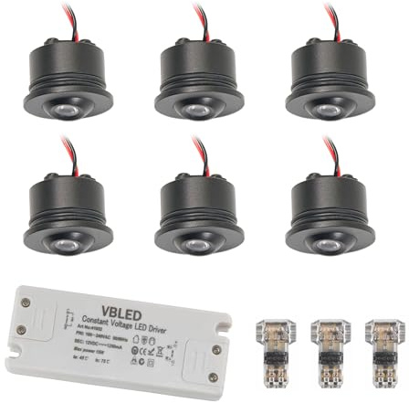 VBLED© 6er-Set 1W LED Mini Einbauspot - FOCOS Minispot - 12V DC - IP20-3000K - Schwenkbar - Schwarz